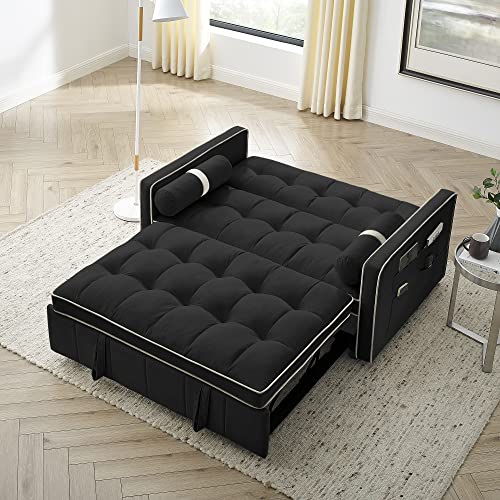 Homsof Modern 55.5" Pull Out Sleep Bed 2 Seater Loveseats Sofa Couch With Side Pockets Adjsutable Backrest And Lumbar Pillows For Apartment Office Living Room, Style E, Black #TOP2
