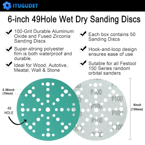 Image of 6 Inch 49 Hole Wet Dry P100 Grit Sanding Discs - 50 Pack Box | Fits Festool ETS / RO 150 Sanders, Zirconia Heavy-Duty Hook & Loop Film Sandpaper for Wood, Auto, Metal, Paint, Body & More