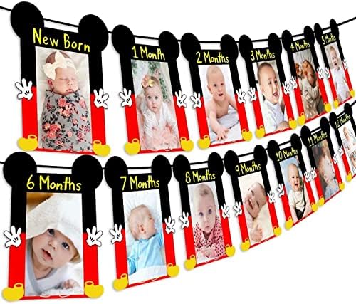 Cartoon Mouse 1st Birthday Photo Banner Monthly Newborn to 12 Months Photo Banner for Cartoon Mouse First Birthday Party Decoration Supply
