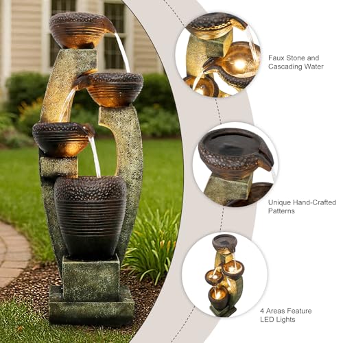 Image of Naturefalls 40 inch H Modern Outdoor Fountain - 4 Crocks Outdoor Garden Fountains with Contemporary Design&LED Light for Garden, Patio, Deck, Porch, Backyard and Home Art Decor (40in, Light Gray)
