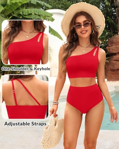 Two piece High Waisted Swimsuits for Women - One Shoulder Bikini Tummy Control Bathing Suit Full Coverage Swimwear Red Large