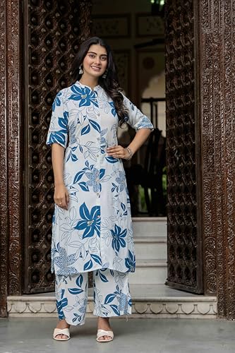 Image of Women's Floral Print Rayon Kurta Palazzo, Round Neck Half Sleeve, Regular Fit, Ethnic Casual Wear