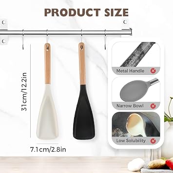 Multi-function Spatula Spoon, 12.2 Silicone Salad Spatula with Wood Handle Silicone Cooking Utensils for Kitchen, Matte Multifunction Silicone Spoon for Mixing Scoop Scrape (White, 1pcs)