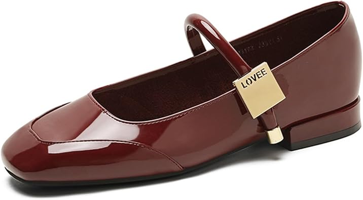 Womens Retro Square Toe Patent Leather Mary Jane Flat Shoes Casual Closed Toe Slip-On Backless Metal Decoration Flat Uniform Shoes for Wedding Party Dinner