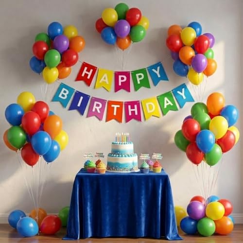 Image of Partycat Multicolor Birthday Decoration Combo - inchHappy Birthday inch Cardstock Banner & 25 Metallic Balloons - Party Supplies for All Ages - Home, Office, Outdoor Decor