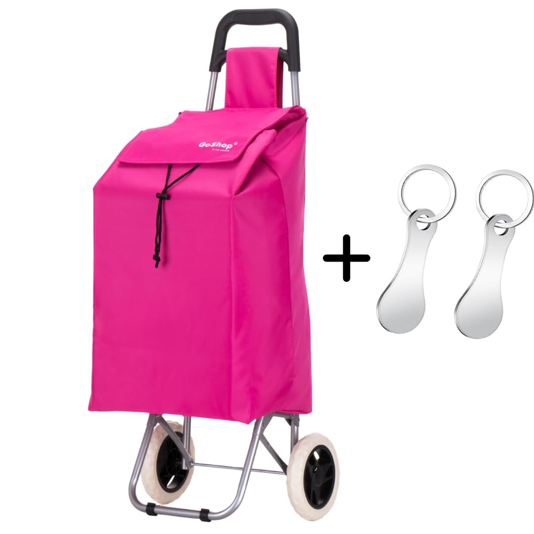 Premium 59Ltr Foldable Shopping Trolley with 2Pcs Stainless Steel Trolley Token, Hard Wearing & Lightweight Trendy Collapsible Push/Pull Cart for Easy Storage with 1 Year Guarantee (Pink)