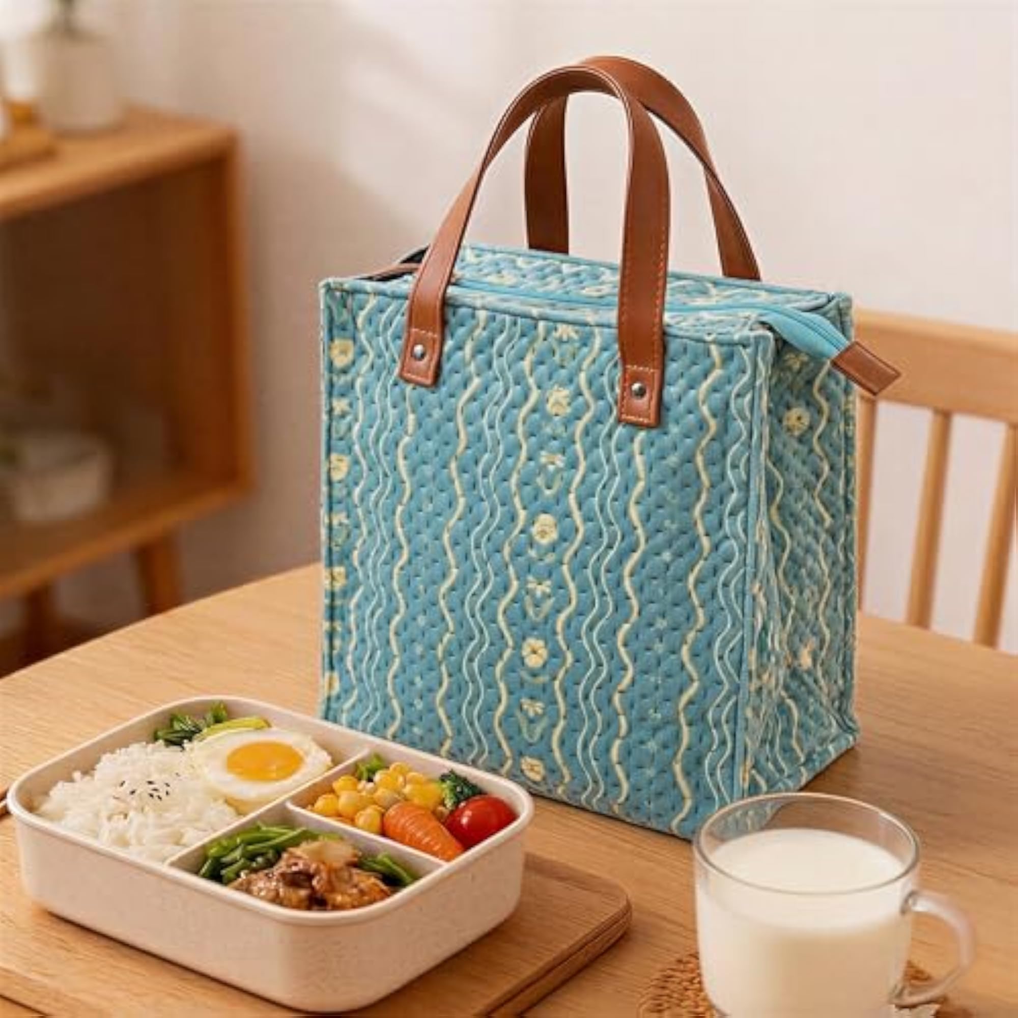 Velvet Quilted Lunch Bag for Men, Waterproof Tiffin with Zipper Closure