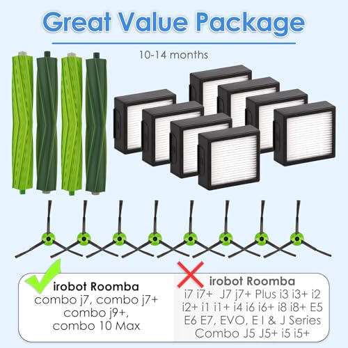 Image of (20 Pack) Combo 10 Max Replacement Parts Compatible with iRobot Roomba Combo j7 / Combo j7+ / Comboj9+ / Combo 10 Max Robot Vacuum, 8 HEPA Filters, 8 Side Brushes, 2 Sets Roller Brushes