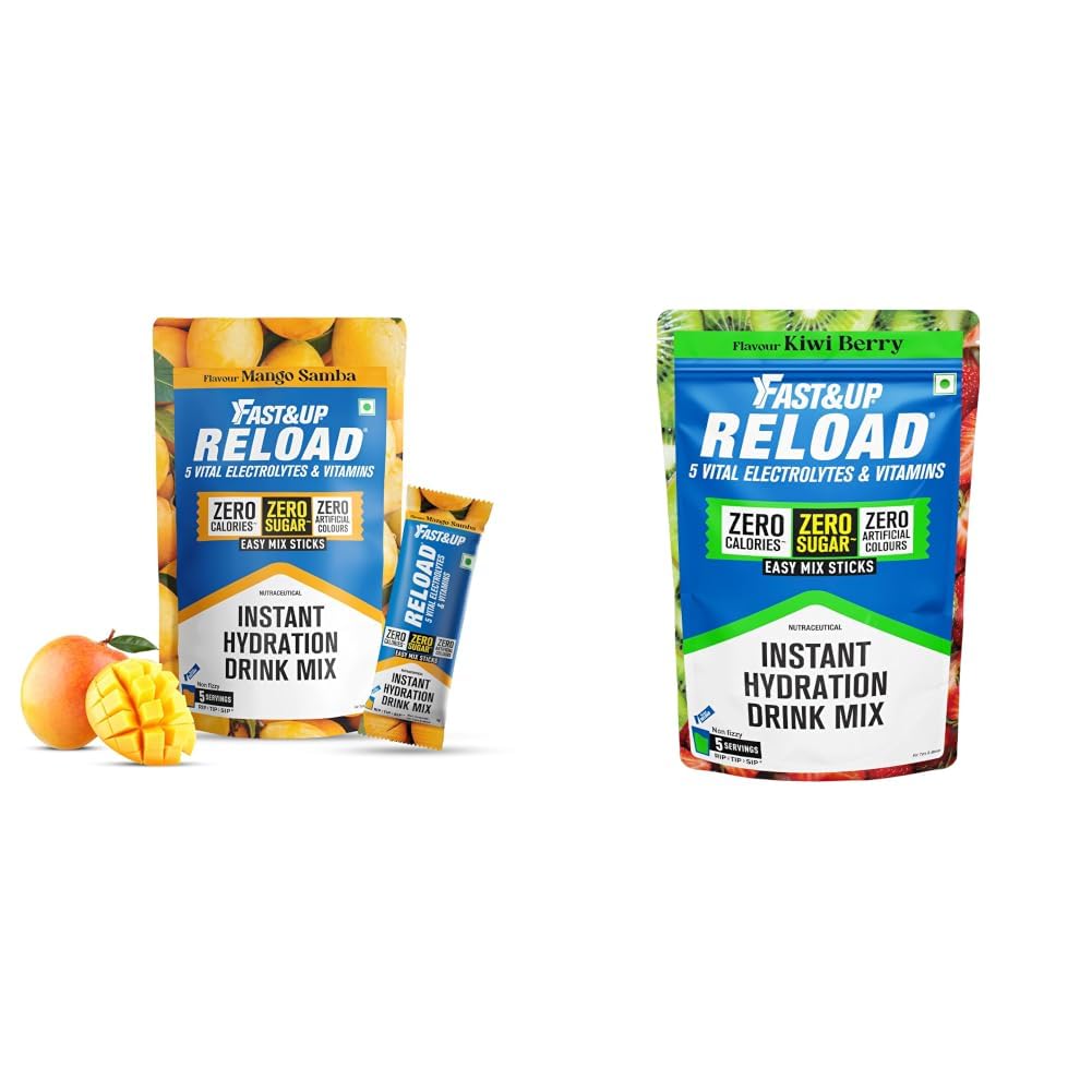Fast&Up Reload Electrolytes Powder Sachets | Zero Added Sugar Hydration Drink with 5 Essential Electrolytes Vitamin C & B12 | Summer Heat, Workout Recovery, Travel & Wellness | Mango Samba, Pack of 5