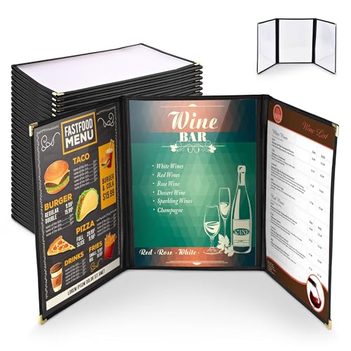 WeChef 30 Pack Restaurant Menu Covers 8.5 x 11 Triple Fold 3 Pages 6 Views Transparent Restaurant Menu Covers Holder Black