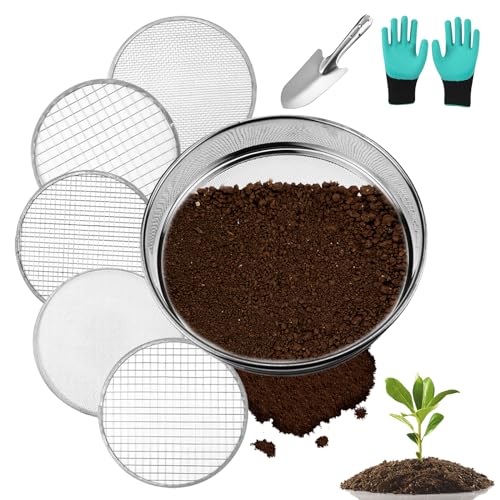 25cm Tamis De Jardin En Acier Inoxydable, Tamis De Jardin Rond, Tamis De Terre 5en1, Avec 5 Tamis Interchangeables Pour Le Jardin Le Sol Le Compost Le Sable -...