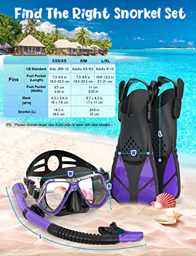 Zenoplige Mask Fins Snorkel Set Adults Snorkeling Gear, Snorkel Mask 180 Panoramic View Anti-Fog Anti-Leak Dry Top Snorkel And Dive Flippers Kit With Travel Bag For Swimming Scuba Diving Men Women #TOP4