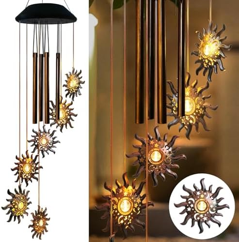 Solar Sun Wind Chimes for Outside Solar Sun Moon Star Wind Chimes Outdoor Hanging Lights Warm LED Outdoor Sun Decor Sun Gifts for Wife Mother Grandmom Christmas Bronze