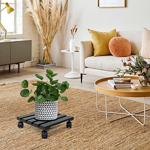 Misumiso Plant Caddy Wooden Lockable Plant Stand Heavy Duty Plant Dolly 2 Pack Square Sturdy Design Indoor Outdoor Hold Up To 150Lb (12" Square, Black) #TOP6