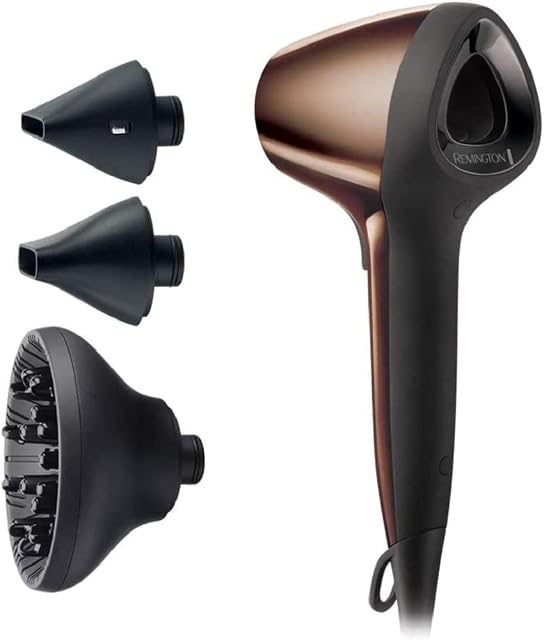 Remington suszarka do włosów z jonizacją, z krótką dyszą, przepływ powietrza 3D, 2 koncentratory i dyfuzor, zimny nawiew, mata antypoślizgowa, przewód 3m, moc 1800W, brązowo-czarna, Air3D Bronze D7777