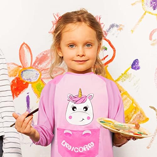 ROSEMO Kids Paint Apron Waterproof Kids Art Smock with Long Sleeve and Pocket for 3-7 Years Girls Children Painting Cooking Eating Crafts (Pink)