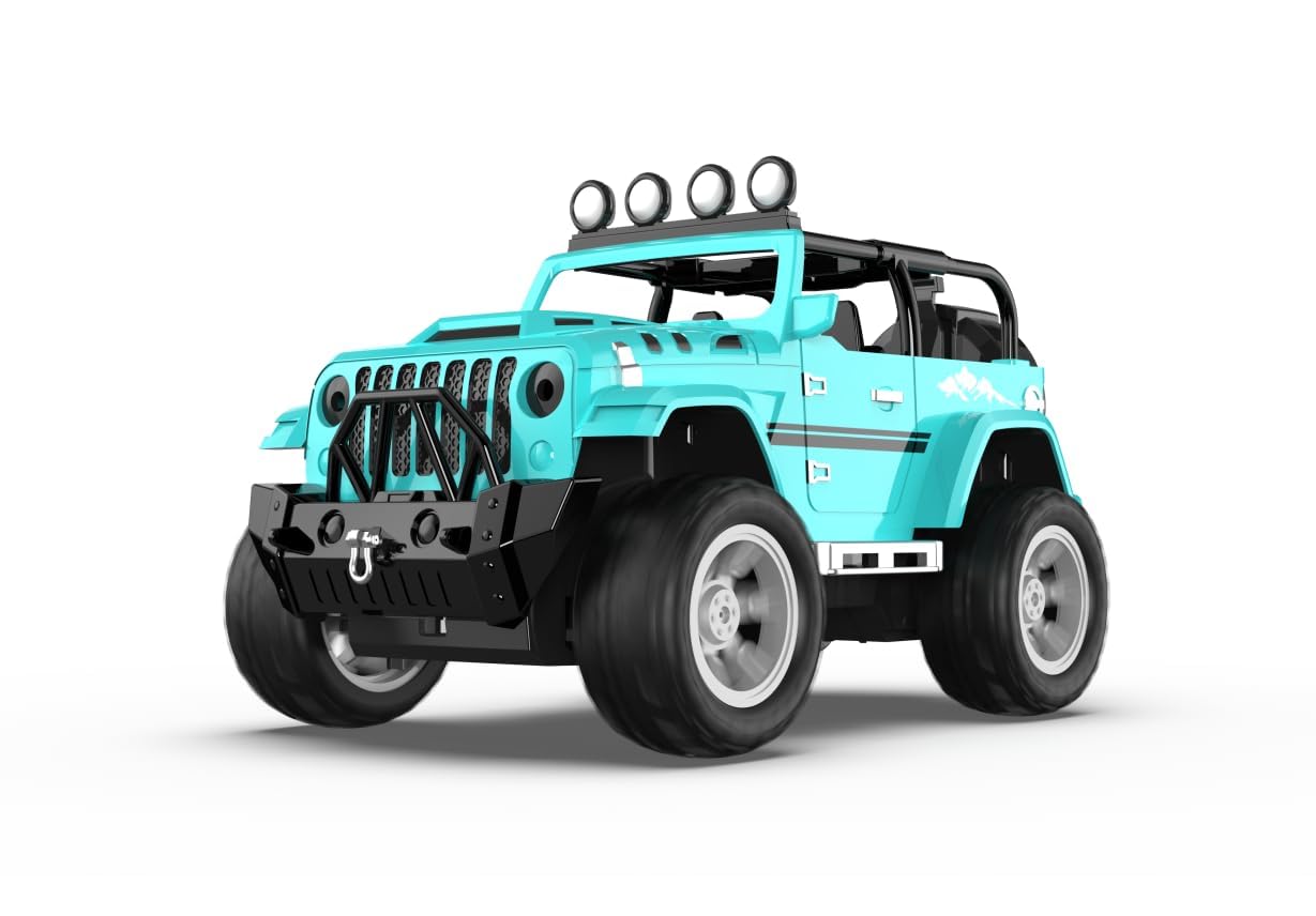 DEERC Auto Jeep telecomandata con nebbia e musica, Camion telecomandato 1:16 per ragazzi, Auto giocattolo RC da 2,4 GHz con 2 batterie, Regali SUV per tutti i terreni Cingolata con gancio di traino