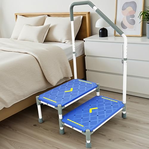 LITTNEO Sgabello Gradino con Pedata 55 cm – Braccioli regolabili in altezza,portata 225 kg,strisce luminescenti e antiscivolo –Ideale per letti alti,camper,cucina,bagno e anziani (Blu marino)