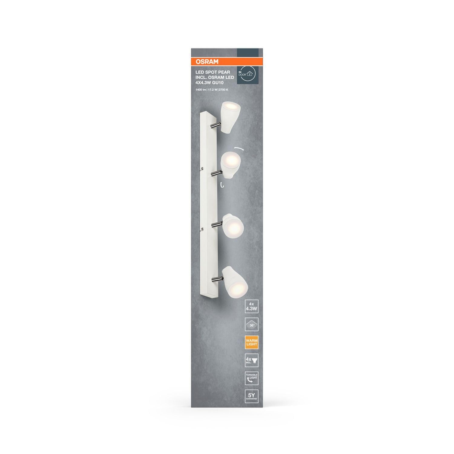Osram Foco LED SPOT PEAR GU10, blanco, 4 x 4,3 W, 1400 lm, 614 mm, luz blanca cálida, cabezales orientables, fácil montaje, combinación con bombillas inteligentes GU10, IP20, 2700 K
