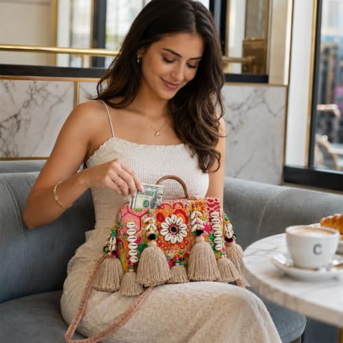 Image of MOMISY Handicraft Handmade Cotton Ethnic Rajasthani Embroidered Banjara Bags for Women Sling Clutch with Handle Purses for Ladies Girls