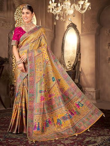 Image of Glory Sarees Women's Luxurious Dola Pure Silk Original Saree Position Print Work Madhubani Inspired Motifs Banarasi Kanjivaram Style Saree With Blouse Piece (Elegant101 Parent)