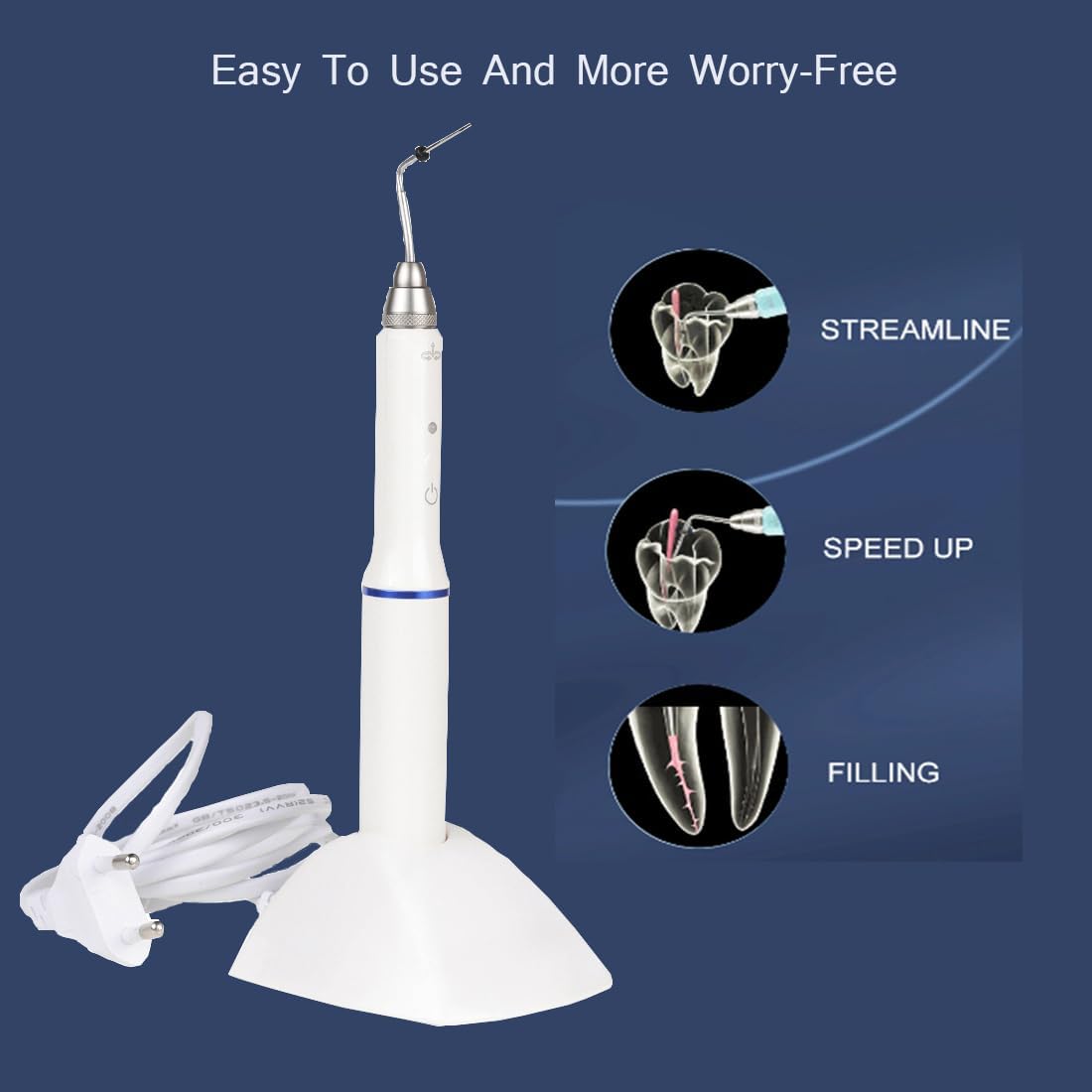 Diagram illustrating the use of the Gutta Percha Obturation Pen for streamlining, speeding up, and filling root canals