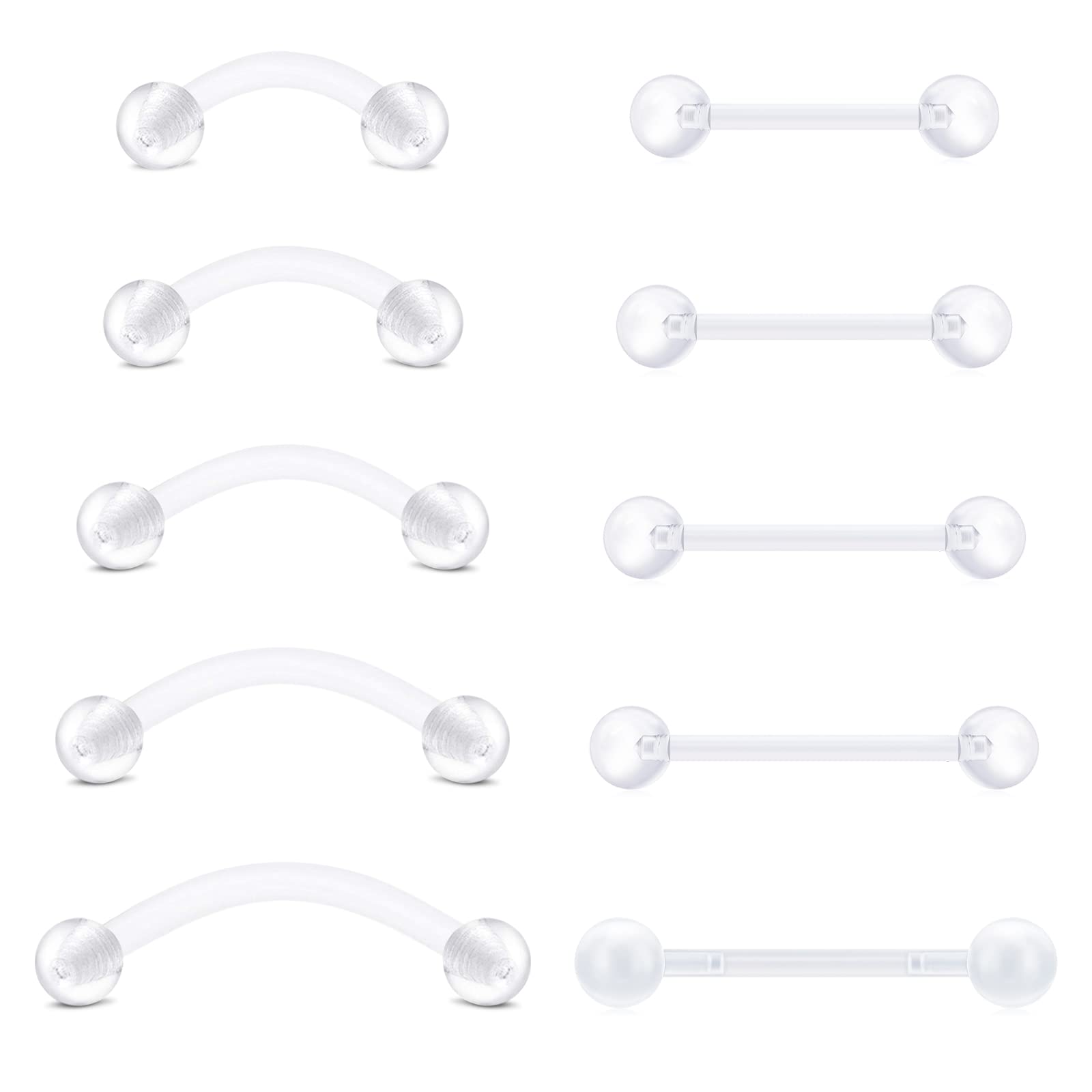 LAURITAMI10pcs Barra Curva Transparente Piercing Banana Vientre Lengua Ceja Barra Plástico Retainers 14G Acrílico Bioflex Flexible