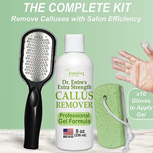 Dr. Entre's Callus Remover for Feet: 8oz Callus Remover Gel, Foot File, Pumice Stone, 5 Glove Pairs, Corn Remover for Feet, Spa Kit, Foot Callus Remover, Corn Removal Treatment