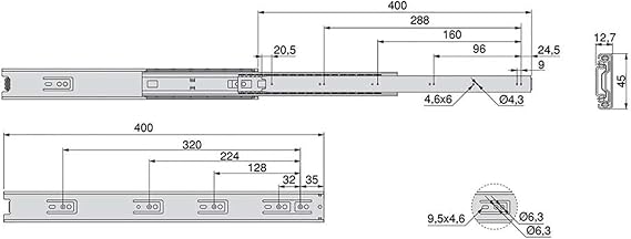 Emuca - Ball Bearing Drawer Slides 45mm x 400mm (1,77 x 15,7 inch), Set of 5 Pairs of Full Extension Drawer Runners, Black