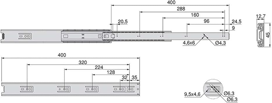 Emuca - Ball Bearing Drawer Slides 45mm x 400mm (1,77 x 15,7 inch), Set of 5 Pairs of Full Extension Drawer Runners, Black
