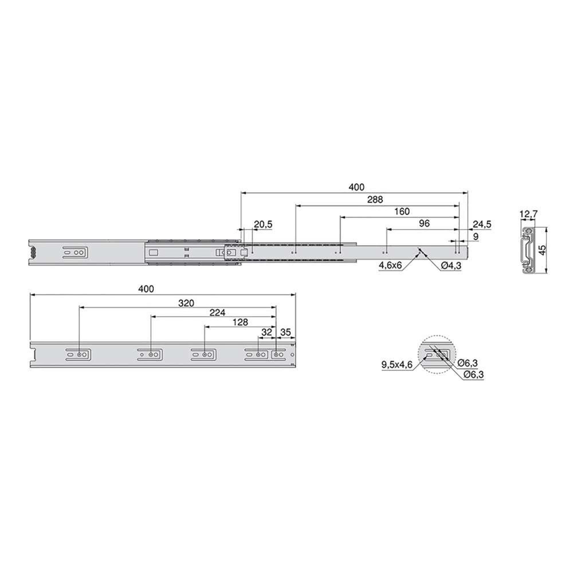 Emuca - Glissières pour tiroir avec roulement à billes 45mm x 400mm, Lot de 5 paires de coulisses à sortie totale, Noir