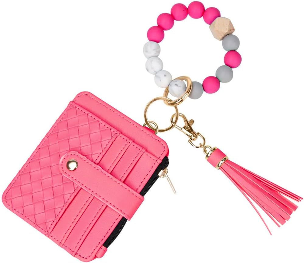 Wristlet Bracelet Keychain Credit Card Holder Purse,RFID Blocking Zip Slim Wallet,Silicone Bead Tassel Key Ring for Women (Rose)