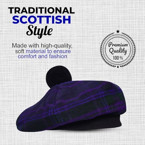 Image of Scottish Tam O' Shanter Hat Tartan Bonnet Pom Pom Wool Flat Cap One Size