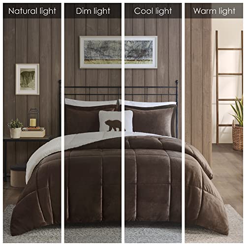 Woolrich Reversible Comforter Set Ultra Soft Plush To Sherpa, Down Alternative, Cold Weather Winter Warm Bedding, With Matching Sham, Decorative Pillow Brown/Ivory King 4 Piece #TOP1