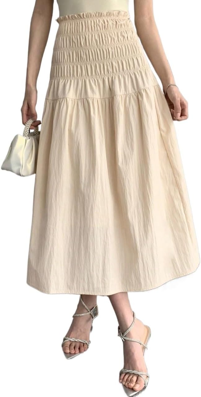 ELDINA Women's 2024 Summer Casual Long Skirt Beige Pleated