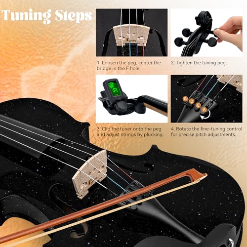 Image of Poseidon 3 /4 Violin Size Set for Beginners, Black Violin for Beginner Fiddle Kit with Hard Case, Bow, Rosin, Horse Bridge, Violin Strings 3 /4 Full Set, Shoulder Rest, Clip-on Tuner, Manual Instruction