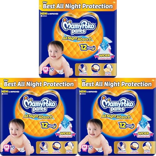 Image of Mamypoko pants All night absorb| Pant Style Baby Diapers Medium Size(M), 70 Count, Ideal for 7-12Kgs|1 Diaper: Upto All night Absorption|Wider Crisscross Sheet|Gentle Coco Care| 12hr Leakage Protection| Prevents Heaviness.