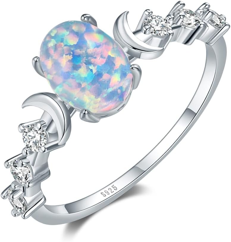 Genuine Moonstone Ring Sterling Silver Moon Phase Ring Oval Moonstone Cubic Zirconia Statement Band Finger Minimalist Ring for Women with Gift Box (Opal-Silver, 11)