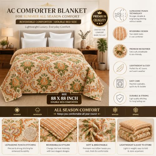 Image of Home Stylish Luxury Ultrasonic Punch AC Comforter Blanket - Quilted Microfiber Floral Pattern, Lightweight Breathable Hypoallergenic All‑Season Blanket for Bedroom, Travel (228x228 Cm) Celadon Floral