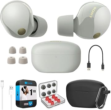 Sony WF-1000XM5 Industry Leading Noise Canceling Truly Wireless Earbuds Silver Bundle with Silicone Case Black, Memory Foam Ear Tips, USB-A to USB-C Cable & 1 YR CPS Enhanced Protection Pack