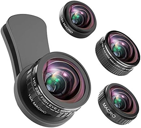for iPhone Camera Lens Kit, 235° Fisheye Lens + 15x Macro Lens, 0.4X Wide Angle Lens + 12x Macro Lens, Clip-On Lens Kit for iPhone x, 8 7 6 6s Plus, Samsung Smartphones