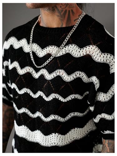 Verdusa Men's Striped Hollow Out Pullover Sweaters Sheer Half Sleeve Round Neck Knit Tops4