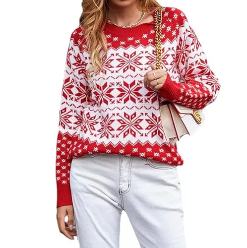 Women's Fall Winter Crew Neck Knitted Sweater Floral Ethnic Geometry Snowflake Cropped Boho Pullover Tops