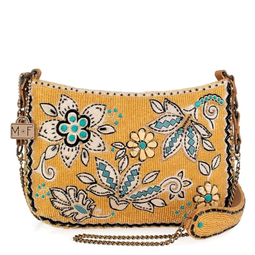Mary Frances Rustic Charm Beaded Crossbody Handbag with Embroidered Flowers Evening Clutch Purse, Tan