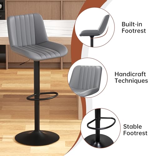 Image of JAMFLY Modern Leather Bar Stools - Swivel & Height-Adjustable Bar Chairs with Footrest, Ergonomic Design for Kitchen Island, Home & Commercial Bar - Set of 2, Grey