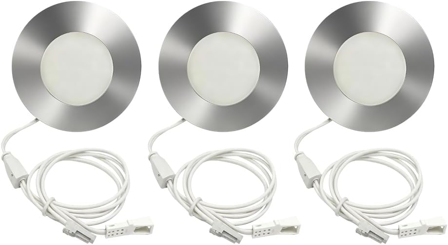 12V LED Under Cabinet Lighting Kit Slim Adjustable Color Temperature Wired Puck Lights 3 Pack for Kitchen, Closet, Wardrobe, Bookcase Lighting with ETL Listed Wall Plug (Silver)