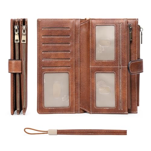 Image of GOIACII Large Wallet for Women Leather Wristlet Brown | RFID Blocking, Multi-card Slots, Detachable Wrist Strap, Trifold Clutch Purse