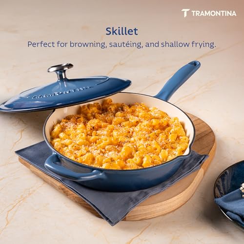 Image of TRAMONTINA Bestow Fry Pan 30 cm with Lid | Enameled Cast Iron Cookware | Even Heat Retention | Low Oil Healthy Cooking | No Seasoning Required | Stainless Steel Knob | All Cooktops Compatible | Blue