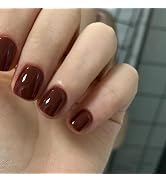 24Pcs Brown Press on Nails Medium Short Square Fake Nails Cute Reddish Brown Solid Color Autumn a...