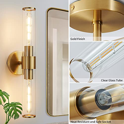 Image of Hardwired Gold Bathroom Vanity Light Clear Glass Wall Sconce | Up & Down Bidirectional Lighting, Damp Rated For Bathrooms, Dimmable, Rustproof Gold Metal, 5-Year Manufacturer Warranty
